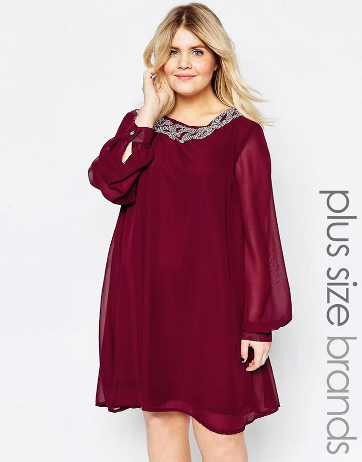 Goddiva Plus Shift Dress With Embellished Neckline - Red