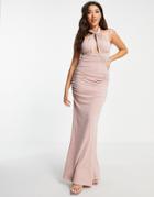 Asos Design Halter Plunge Ruched Back Maxi Dress In Mink-pink