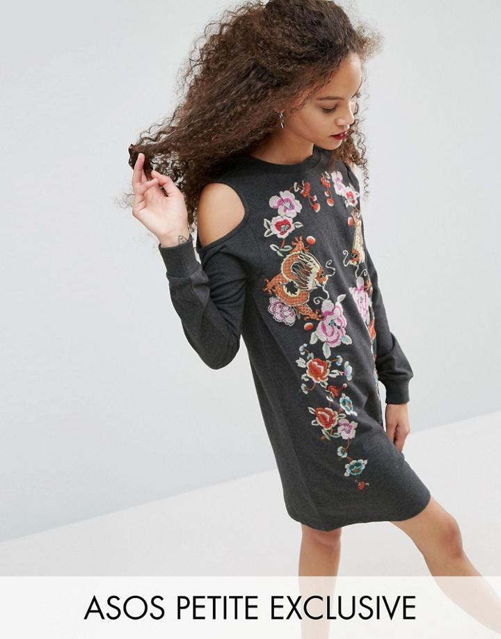 Asos Petite Sweat Dress With Cold Shoulder And Embroidery - Gray