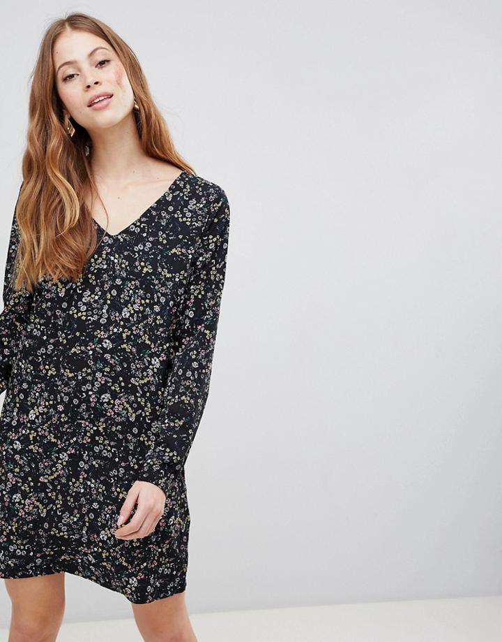 Vila Floral V Neck Dress - Black