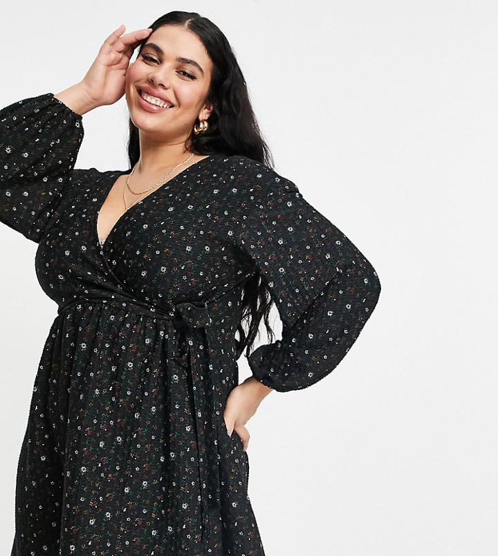 Asos Design Curve Smock Oversized Mini Wrap Dress In Black Flirty Floral