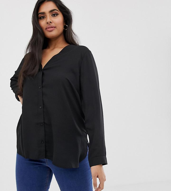 Asos Design Curve Long Sleeve V Neck Blouse-black