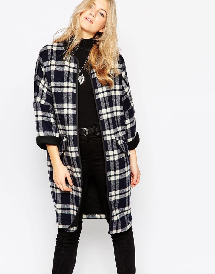 Parka London Long Check Coat - Navy