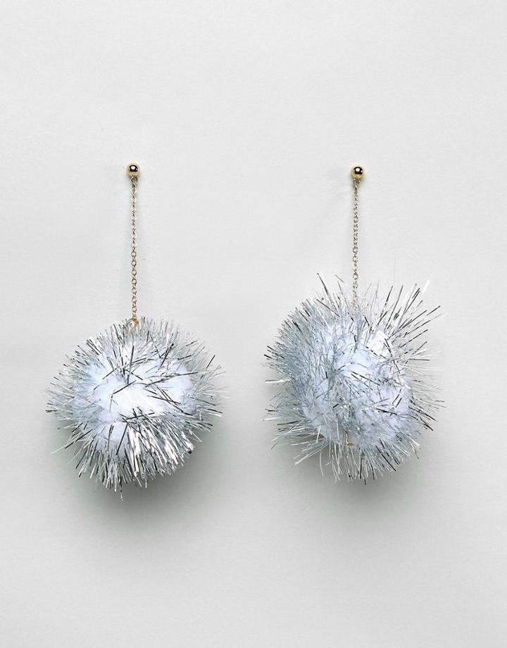 Asos Holidays Glitter Pom Earrings - Silver