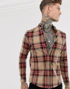Asos Design Slim Check Shirt In Brown - Brown