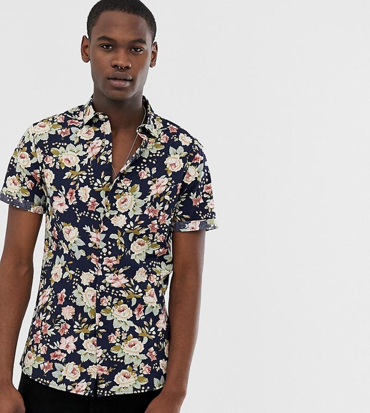 Asos Design Tall Skinny Fit Floral Shirt In Navy