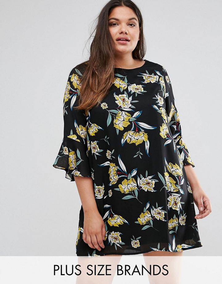 Yumi Plus Frill Sleeve Shift Dress - Black
