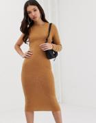 Asos Design Midi Rib Dress With Open Back - Beige