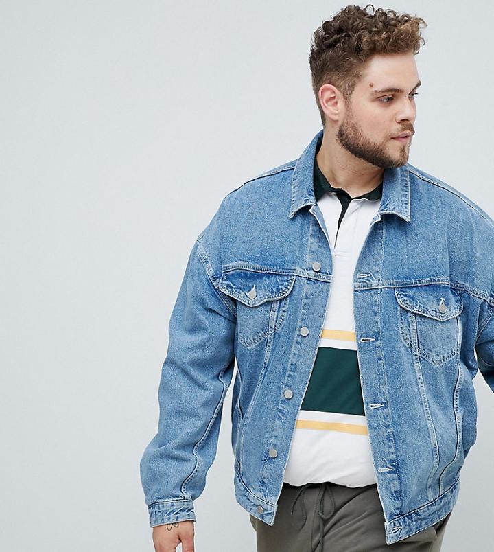 Asos Design Plus Oversized Denim Jacket With Back Print - Blue