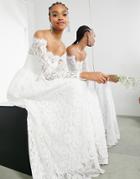 Asos Edition Hazel Lace Long Sleeve Off Shoulder Wedding Dress-white