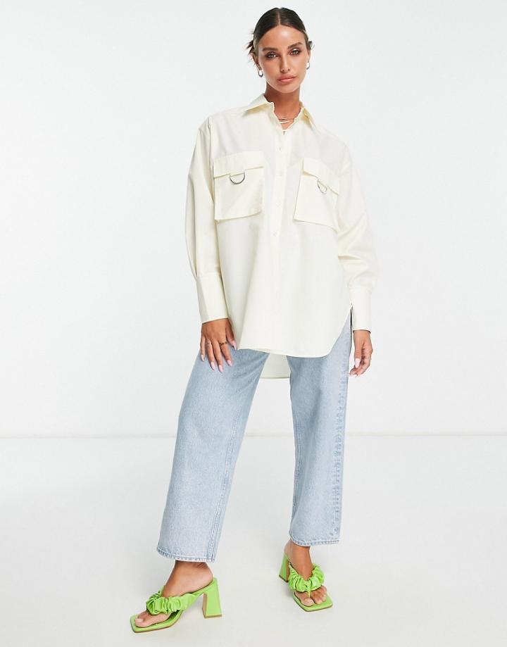 Asos Design Oversized Shirt With Utility Pockets In Cream-white