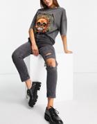 Topshop Mom Recycled Cotton Blend Jean With Knee Rip In Washed Black