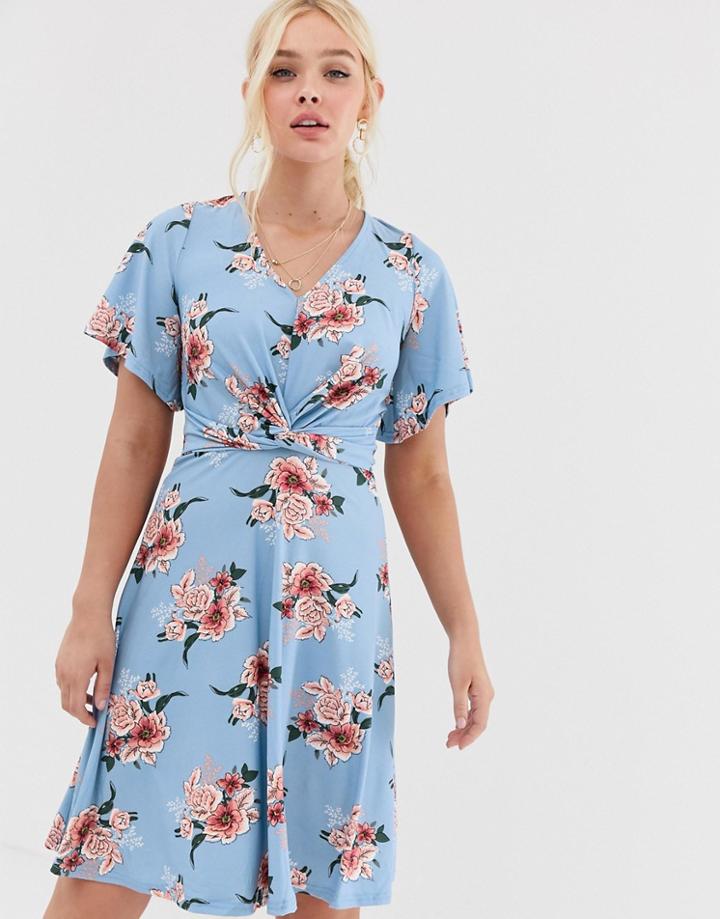 Qed London Knot Front Fit And Flare Dress In Floral Print-multi