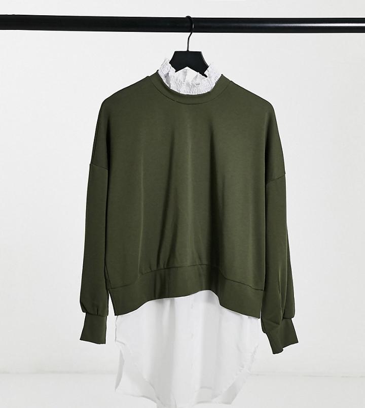 Noisy May Curve Sweater With Shirt Trims In Khaki-green