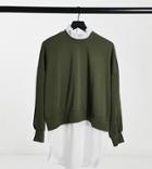 Noisy May Curve Sweater With Shirt Trims In Khaki-green