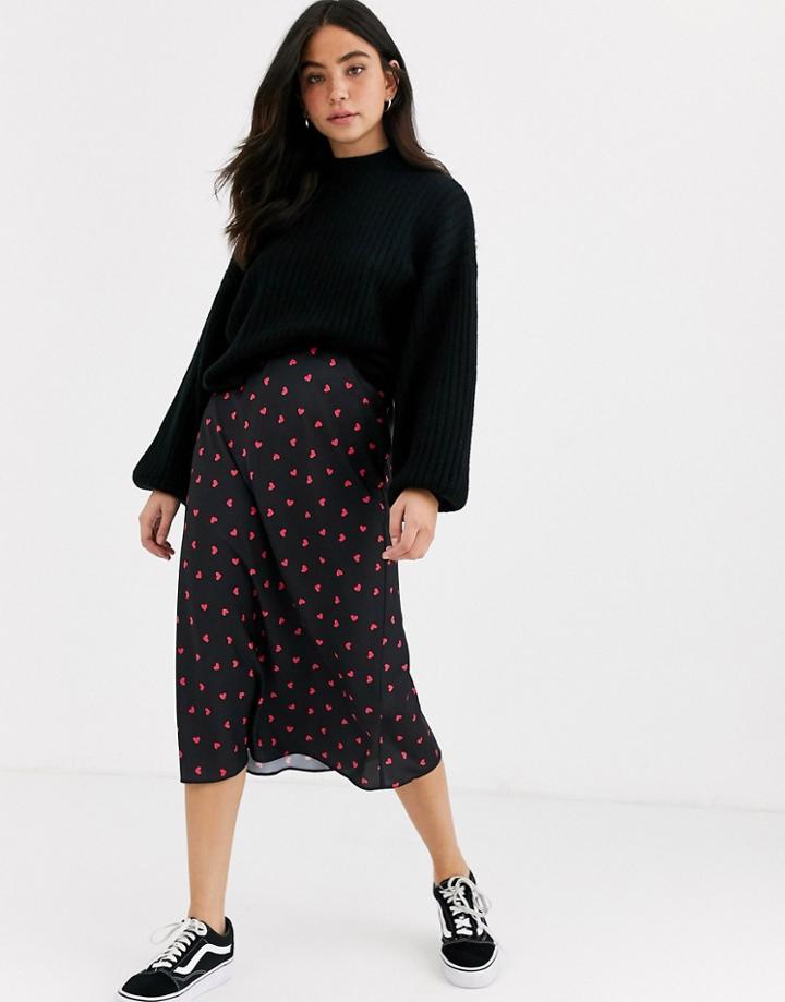 Nobody's Child Midi Satin Skirt In Heart Print-black