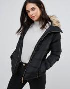 Qed London Quilted Jacket With Fur Trim - Black