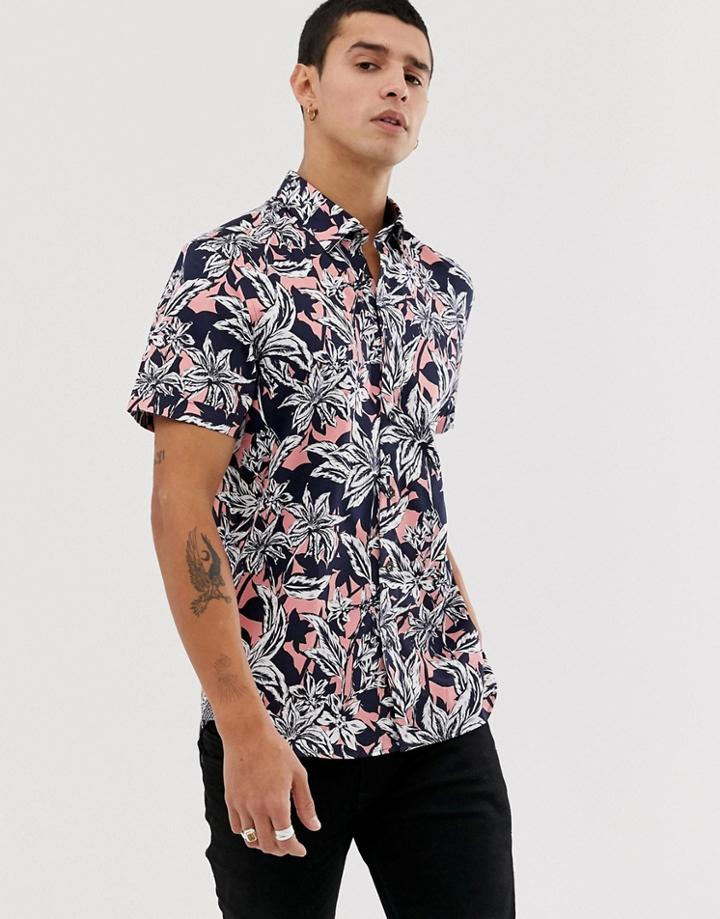 Ted Baker Shirt With Hawaiian Floral Print-navy