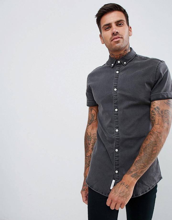 River Island Muscle Fit Denim Shirt In Dark Gray Wash - Gray