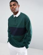 Asos Oversized Long Sleeve Rugby Polo Shirt With Contrast Panel In Green - Green