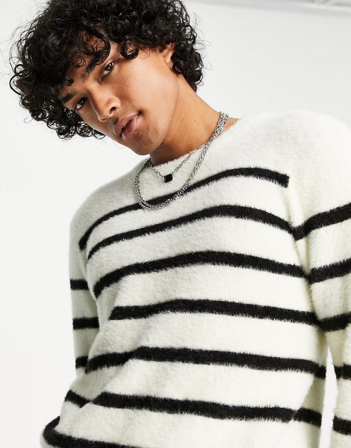 Devil's Advocate Crew Neck Fluffy Striped Sweater-white