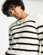 Devil's Advocate Crew Neck Fluffy Striped Sweater-white