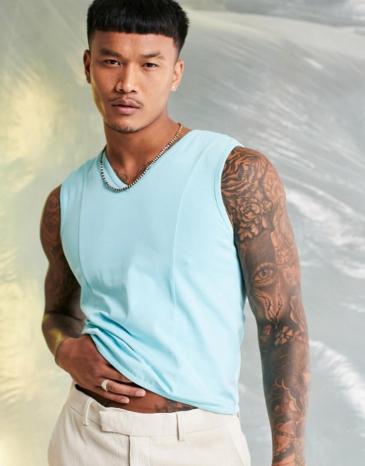 Asos Design Muscle Fit Tank Top With V-neck And Seams In Blue