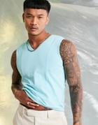 Asos Design Muscle Fit Tank Top With V-neck And Seams In Blue