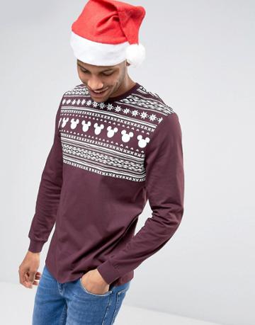 Asos Mickey Holidays Relaxed Long Sleeve T-shirt With Fair Isle Yoke P