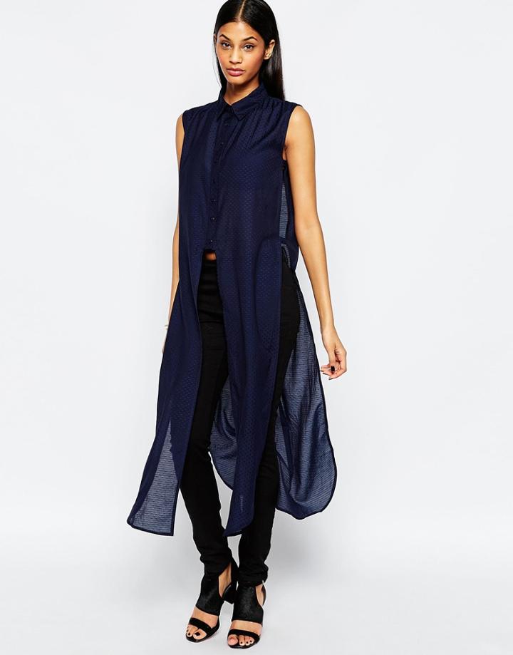 Liquorish Maxi Shirt With Side Splits - Navy