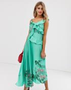 Liquorish Cami Midaxi Dress With Ruffle Detail In Green Tiger Print - Green