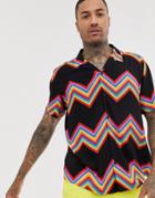 Asos Design Festival Relaxed Shirt With Rainbow Chevron Stripe - Black