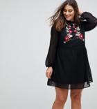 Rage Plus Mesh Skater Dress With Embroidery - Black