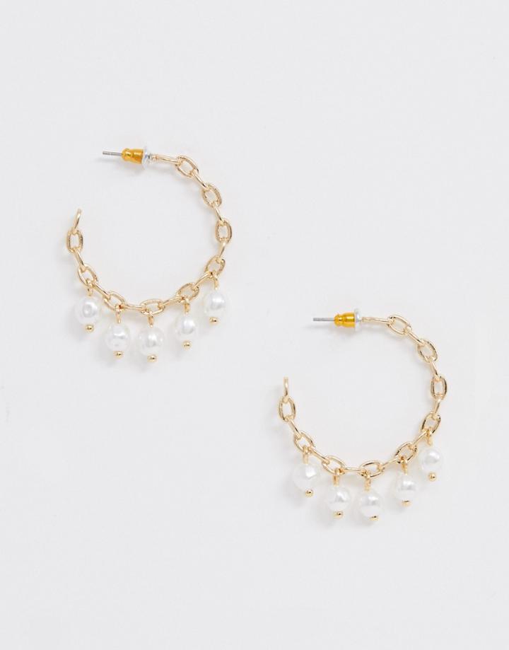 Asos Design Hoop Earrings In Chain Design With Pearl Drops In Gold - Gold
