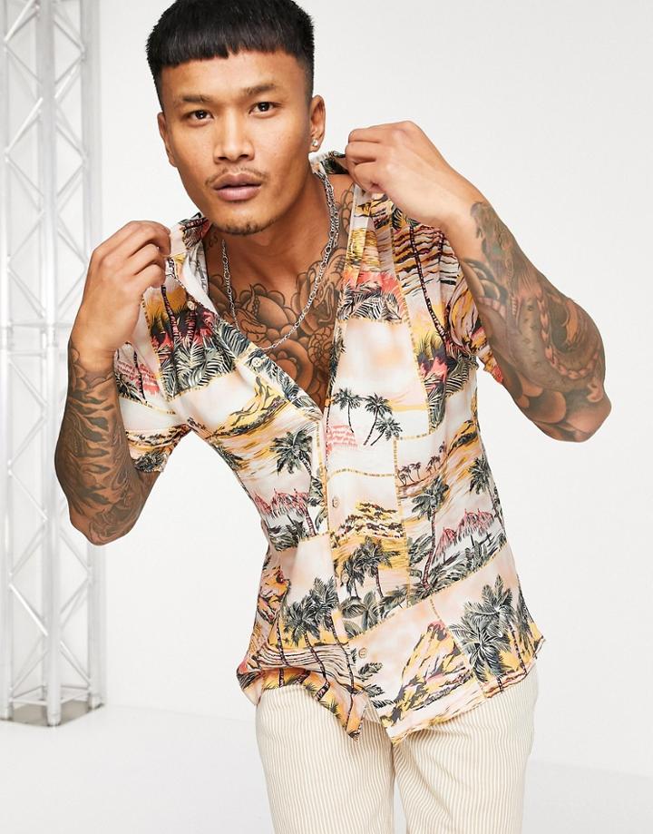 Bershka Hawaiian Printed Shirt In Ecru-neutral