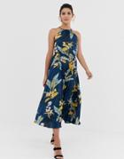 Liquorish Midi Dress With Pleated Skirt In Floral Print - Navy
