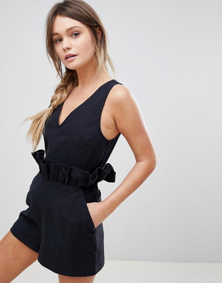 Asos Twill Romper With Ruffle Waist - Black