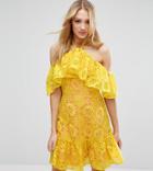 Asos Tall Premium Lace Off Shoulder Dress With Contrast Lining - Yellow