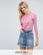 Asos Tall Long Sleeve Top In Lace With Woven Ruffles - Pink