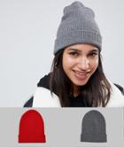Asos Design 2 Pack Rib Beanie In Recycled Polyester In Red And Gray - Multi