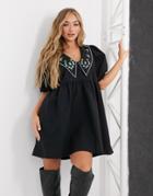 Asos Design Cotton Button Through Mini Smock Dress With Embroidered Peter Pan Collar In Black