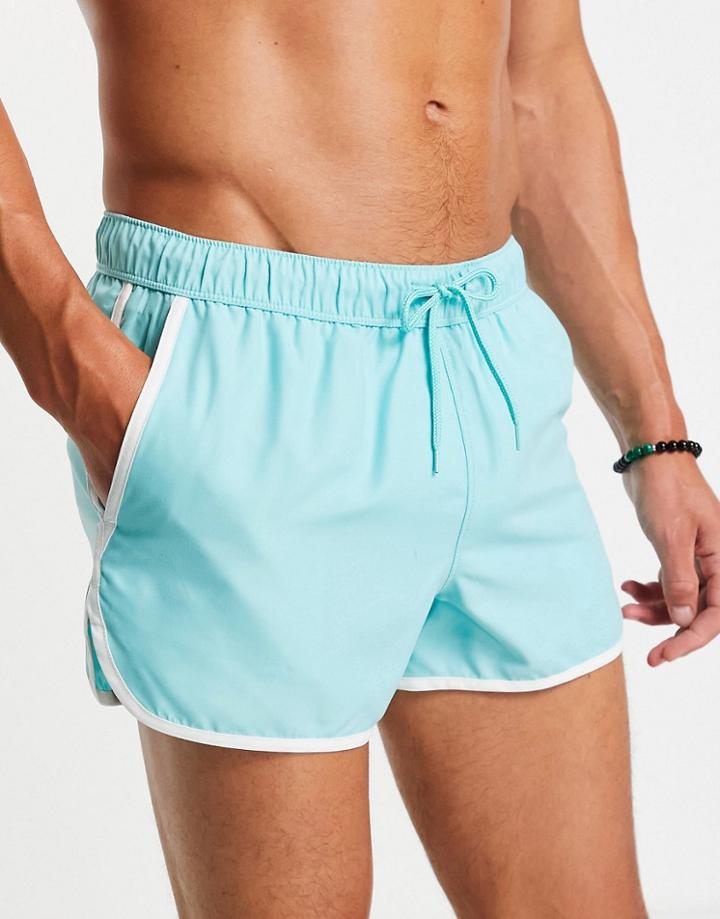 Asos Design Runner Swim Shorts In Green With White Binding-blues