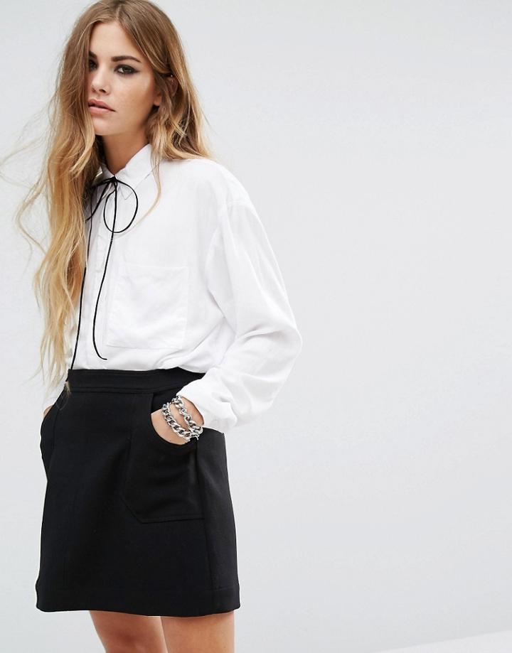 Motel Oversized Shirt With Tie Neck - White