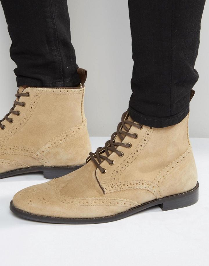 Asos Brogue Boots In Stone Suede With Brown Leather Trims - Stone