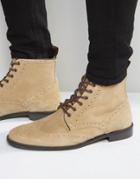 Asos Brogue Boots In Stone Suede With Brown Leather Trims - Stone