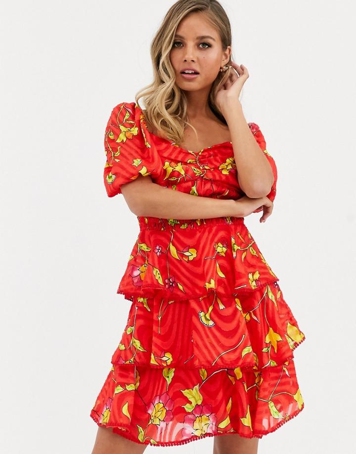 Dark Pink Tiered Mini Dress With Milkmaid Sleeve In Mixed Print-multi