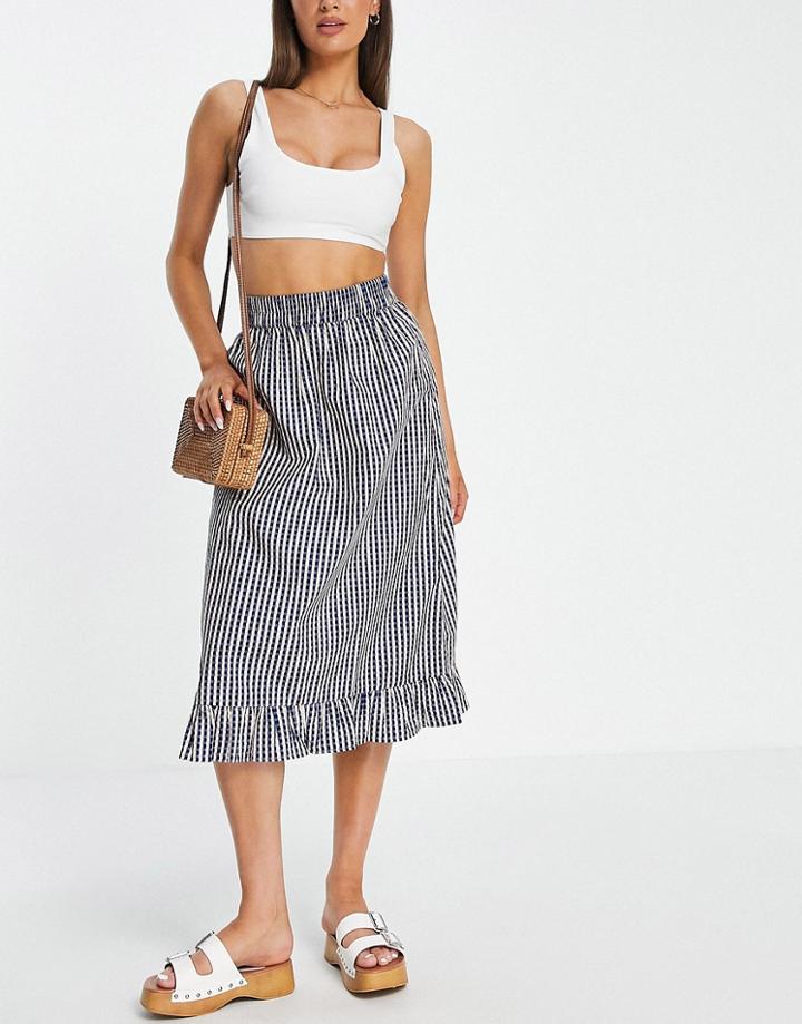 Pieces Shirred Waist Ruffle Hem Midi Skirt In Navy & White Check - Part Of A Set-multi