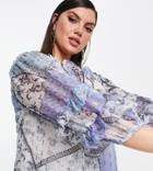 River Island Plus Patchwork Floral Off-the-shoulder Blouse In Blue-blues