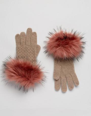 Alice Hannah Knitted Gloves With Faux Fur Cuff - Brown