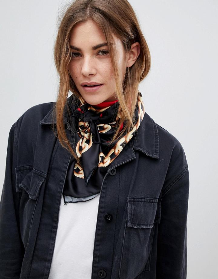 Asos Polysatin Chain And Leopard Print Scarf - Multi